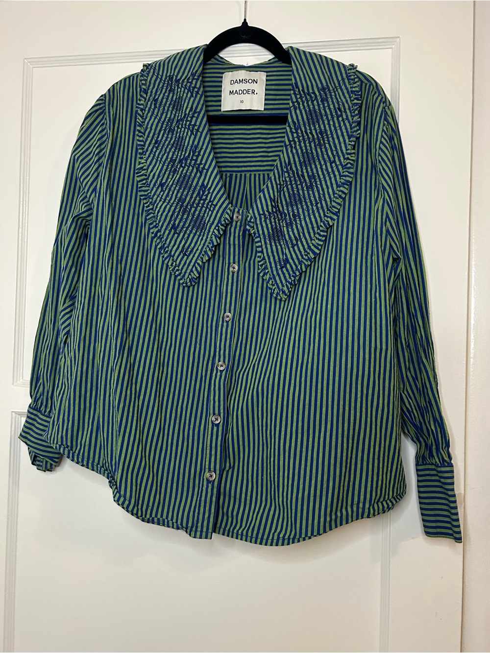 Damson Madder Green & Blue Striped Ruffle Collar Blouse - US Size 6